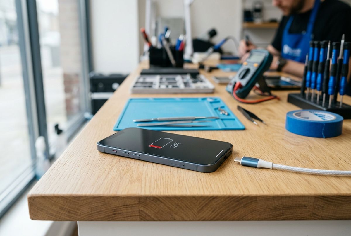 Smartphone affichant une batterie faible sur un établi de réparation