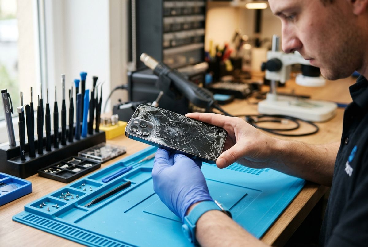 Smartphone à l'écran brisé entre les mains d'un réparateur sur un établi
