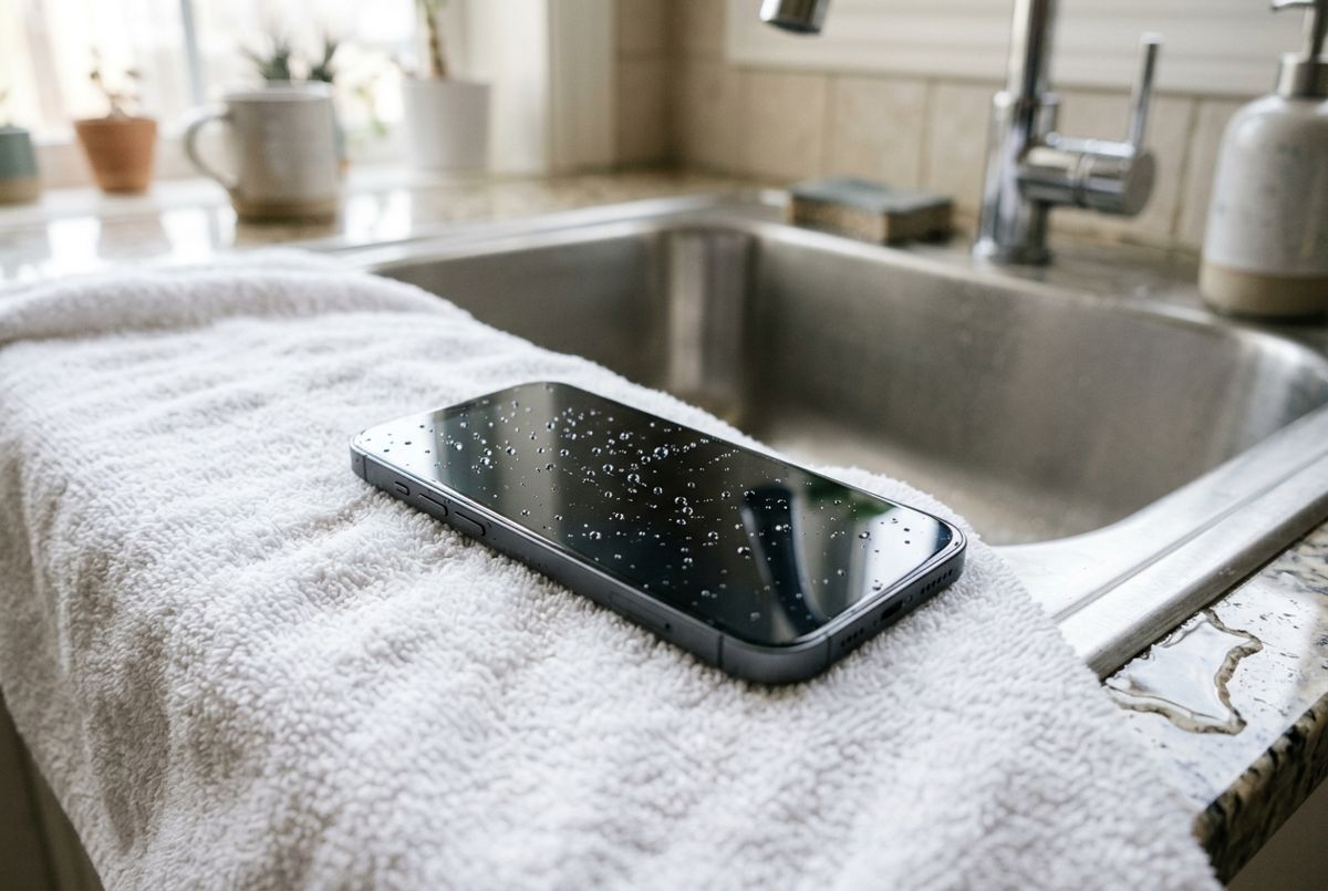 Smartphone mouillé posé sur une serviette près d'un évier